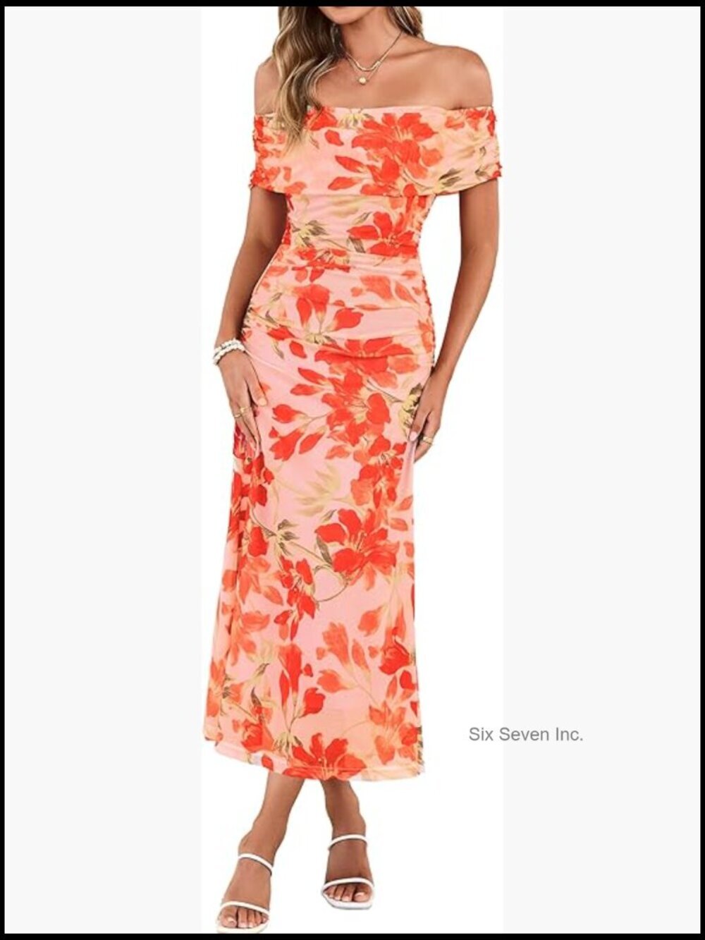 Off Shoulder Ruched Bodycon Maxi Dress with Floral Pattern